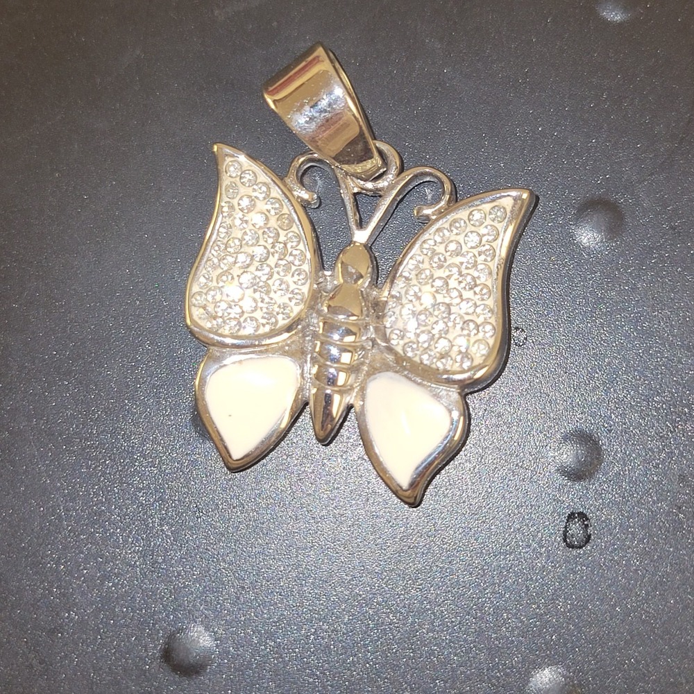 Butterfly Pendant Gold Tone Rhinestone White Enamel Statement Necklace Charm‎